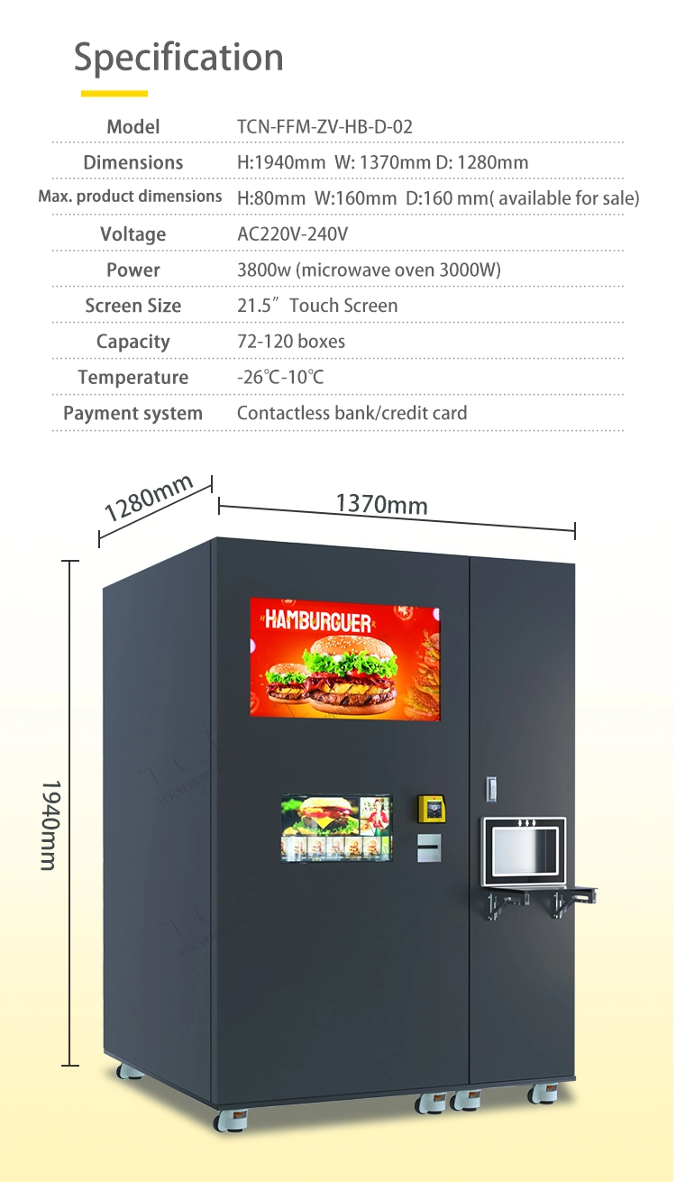 Tcn Chinese Manufacturer Heated Hot Food Hamburger Vending Machine Full Automatic